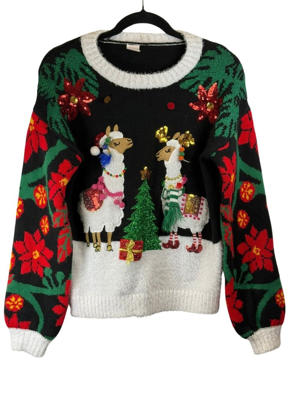 Holiday Time Llama Ugly Christmas Sweater Womens Small 4-6 Sequins Poinsettia